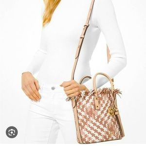 Michael Kors Marley Luggage & White Woven Bucket